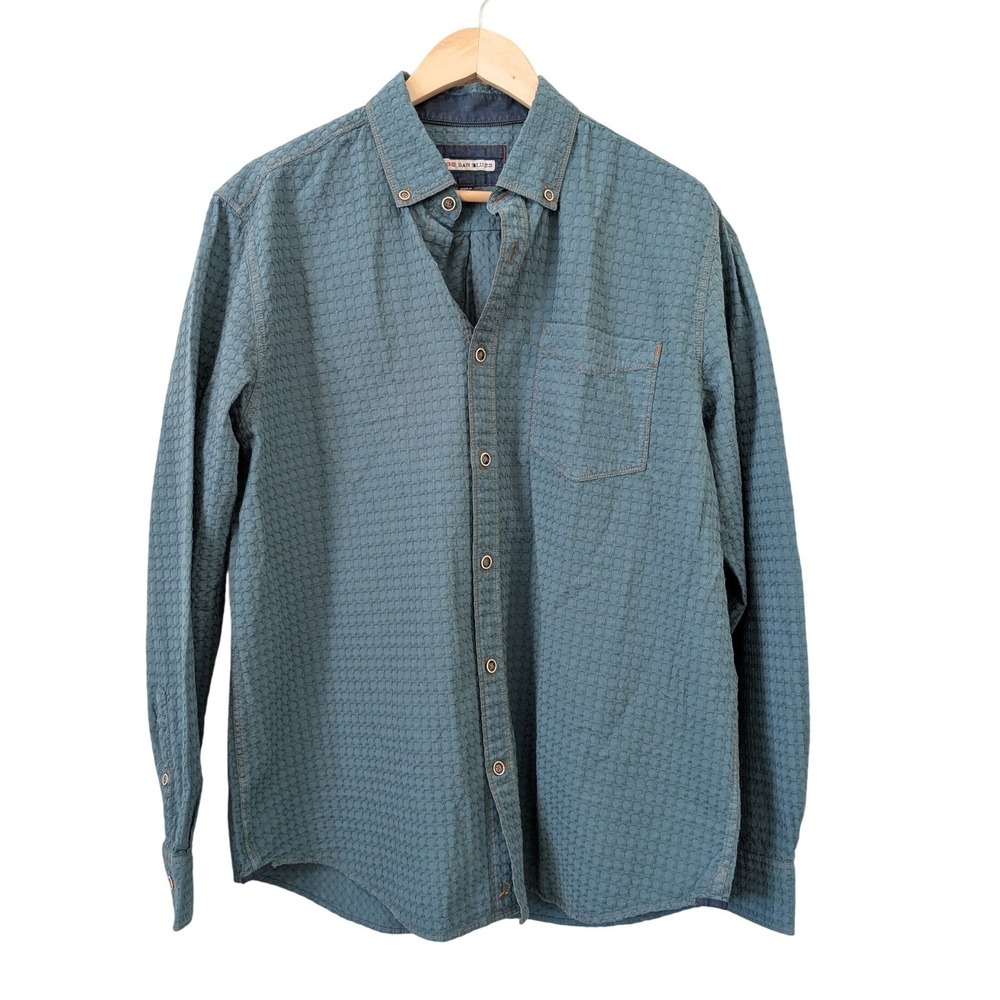 32 Bar Blues Mens Teal Textured Jacquard Button Down Shirt XL Western Geometric